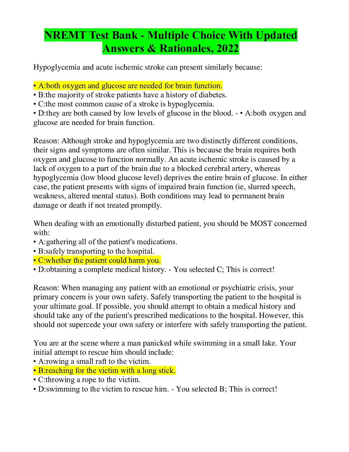 NREMT | National Registry of Emergency Medical Technicians: Emergency Medical Responder Test Bank, 2022